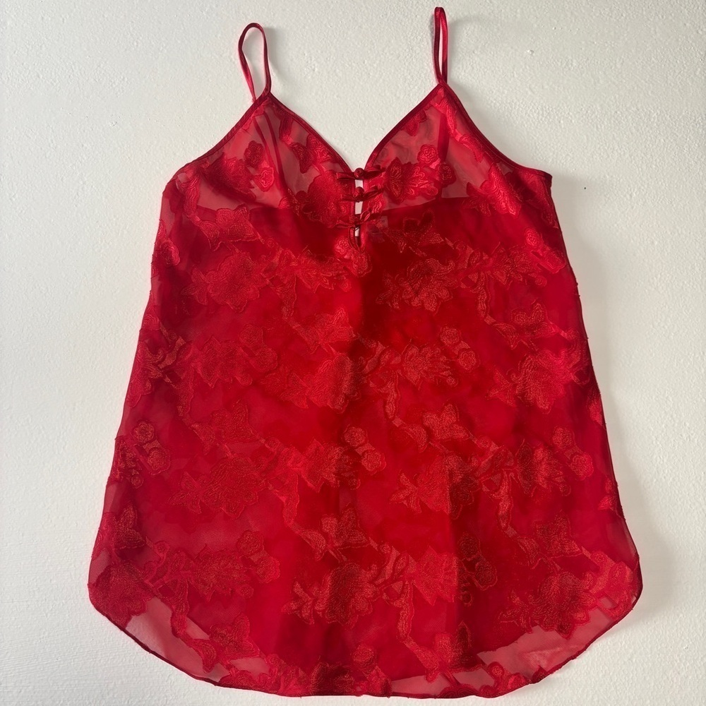 Linda Montreal Vintage Red Floral Lace Red Camisole Sheer Top Lingerie